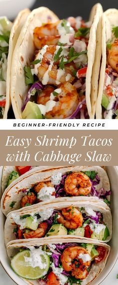 Image for Easy Shrimp Tacos with Cabbage Slaw Easy Shrimp Taco Recipe, Shrimp Taco Recipes Easy, Shrimp Taco Slaw, Shrimp Tacos Slaw Recipe, Cabbage And Shrimp, Vinegar Slaw Recipe, Shrimp Tacos With Cabbage Slaw, Cabbage Slaw For Tacos, Fish Tacos With Cabbage Slaw