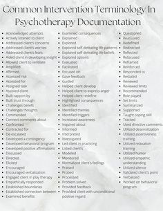 Feeling stuck during psychotherapy sessions? Here is a list of some common words clinicians use in psychotherapy sessions and documentation. This is a reference guide of over eighty common terminology Therapist can utilized to support documentation and build clinical vocbulary. Social Work Interventions, Counselling Tools, Counseling Techniques, Mental Health Activities, Clinical Social Work, Counseling Psychology, Mental Health Counseling, Mental Health Therapy, School Social Work