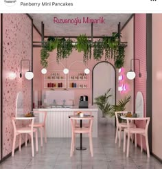 a pink and white restaurant with plants hanging from the ceiling, tables and chairs in front of it