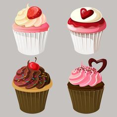 three cupcakes with different toppings are shown in this cartoon style, one is pink and the other is chocolate