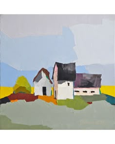 an abstract painting of houses on a hill