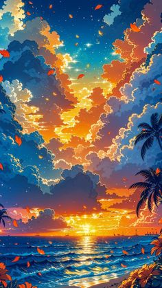 the sun is setting over the ocean with palm trees and birds flying in the sky