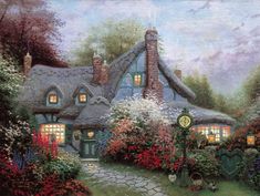 a painting of a cottage with flowers surrounding it