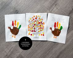 three handprint thanksgiving cards with turkeys and a tree on the front, one for each