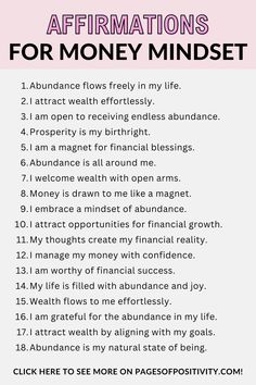 pin that says in a large font Affirmations for Money Mindset Money And Job Affirmations, Positive Money Affirmations Wealth, Abundance Mindset Affirmations, Saving Money Affirmations, Powerful Money Affirmations, Manifestation Scripting, Identity Shift, Positive Money Affirmations