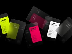 five credit cards with different colors and sizes are shown in this image, all showing the same