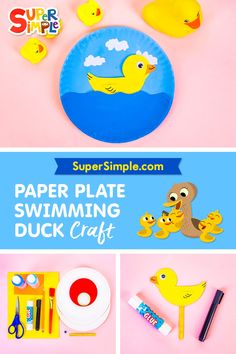 paper plate swimming duck craft for kids with instructions to make it in the shape of a rubber duck