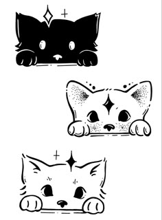 three black and white drawings of cats with different shapes, sizes and colors on them