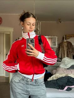 Red Track Jacket Outfit, Adidas Top Outfit, Red Adidas Jacket Outfit, Adidas Zip Up Outfit, Adidas Track Jacket Outfit, Red Adidas Outfit, Track Jacket Outfit, Red Hoodie Outfit, Spiky Bun