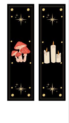 two bookmarks with candles, mushrooms and stars in the night sky on black background