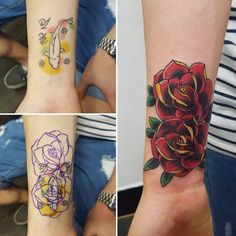 three different tattoos on both wrist and arm, one with flowers in the middle while the other has an elephant