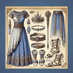 an old fashion illustration with blue and gold accessories on it's display board,