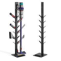 two tall black racks with different items on them