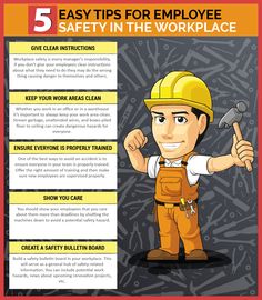 the five easy tips for employee safety in the workplace info sheet, with an image of a man holding a wrench