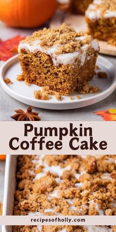 pumpkin coffee cake with white frosting on top and an orange pumpkin in the background