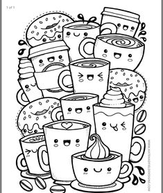 a coloring page with coffee cups and donuts