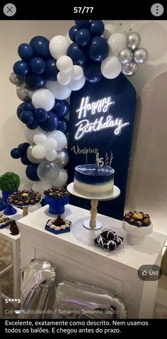 an image of a birthday party with blue and white balloons on the side of a table