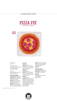 an advertisement for pizza pie with pink and yellow crochet on the front cover