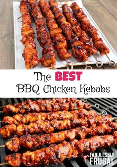 bbq chicken kebabs on a grill with text overlay