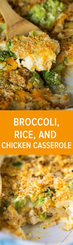 broccoli, rice and chicken casserole is shown in two separate pans