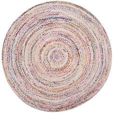 a round rug with multicolored circles on the center and bottom in various colors