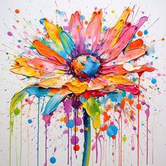 an artistic painting with colorful paint splattered on the wall and flowers in the center