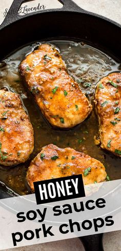 honey soy sauce pork chops in a cast iron skillet with text overlay