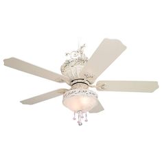 a white ceiling fan with a crystal chandelier hanging from it's blades