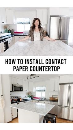 a woman sitting at a kitchen counter with the words how to install contact paper countertop