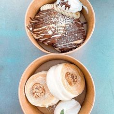 two bowls filled with different types of desserts