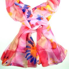 Final sale - Printed on a gauzy and lightweight 100% silk habotai, this vibrant 40" x 70" scarf features original watercolor artwork by Chioma Ebinama and can be worn as a kimono, sarong, scarf, shawl, or wrap! Care Instructions: Gentle hand spot washing with gentle soap. Flat dry. Iron. Chioma Ebinama, Pink Floral Print Sarong For Summer, Sarong Scarf, Pink Bohemian Printed Sarong, Pink Floral Print Kimono For Beach Cover-up, Multicolor Floral Print Beach Scarf, Pink Floral Print Silk Scarves, Silk Kimono, Sarong