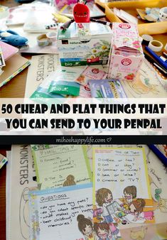 an assortment of items that are on top of a table with the words 50 cheap and flat things that you can send to your penah