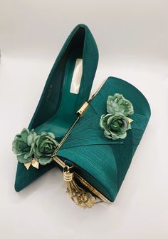 Stunning Hand Finished Emerald Green, Moss Green and Sage with Gold Shoes and Handbag Clutch Set Beautiful Deep Green Soft Suede Style Shoes with Co-ordinating Green and Gold Clutch Bag Very Elegant Set Perfect Wedding Day Shoes and Matching Clutch Bag with Gold Chain  Shoes are Approx. 10cm High for Elegance Perfect for Comfort Bag Measures 17.5 x 11 x 7cm Sizes: UK 3-8 (EU 36-43) Luxury Green Leather Almond Toe Shoes, Luxury Green Shoulder Bag As Gift, Luxury Designer Green Evening Bag, Shoes That Go With Emrald Green, Luxury Elegant Green Clutch, Luxury Green Handheld Bag, Luxury Green Evening Bag For Events, Luxury Green Evening Clutch, Luxury Green Shoulder Bag For Formal Occasions