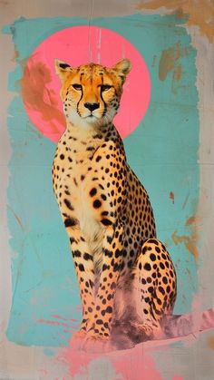 a painting of a cheetah sitting in front of a pink and blue background