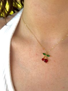 A cherry lovers summer staple!  This adorable double cherry pendant necklace is : - Handmade with love by a small business owner in OK - Made with high quality Gold filled chain, clasps, jump rings and extender.  - Water and sweat proof  - 100% Hypoallergenic  - Pckaged in a beautiful G&G satin bag  ----------------------------------- Cherry charm necklace, cherry gift, red cherry jewelry, waterproof cherry necklace, waterproof jewelry Dainty Red Charm Necklace For Everyday, Red Cherry Print Jewelry For Gifts, Cherry Jewelry, Summer Necklaces, Cherry Charm, Cherry Necklace, Sweet Ring, Satin Bags, Necklace Red