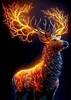 a painting of a deer with fire in its antlers