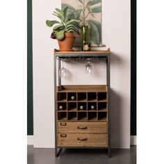 a shelf with wine glasses and plants on it