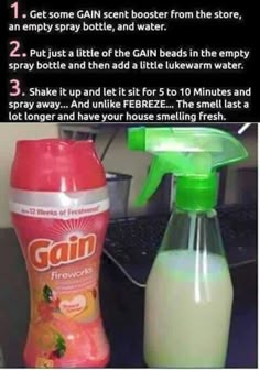 a bottle of gain next to a container of liquid on a computer desk with the caption'get some gai scent from the store, sprayer from the store,