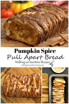 pumpkin spice pull apart bread on a cutting board with cinnamon rolls and apples in the background