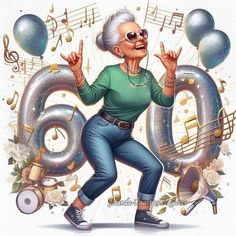 an older woman dancing with musical notes and balloons in the shape of 60 years old