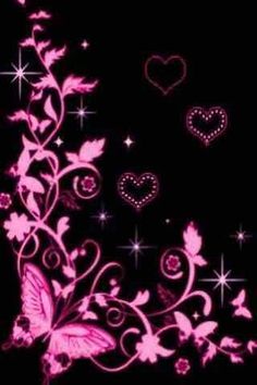 pink butterflies and hearts on a black background