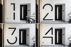 four photographs of the same door with numbers on each side and an entry way to another room