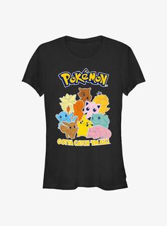 a women's black pokemon t - shirt with cartoon characters on it