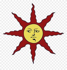 the sun with its face drawn on it's side is shown in red and yellow