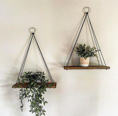 two hanging shelves with plants on them