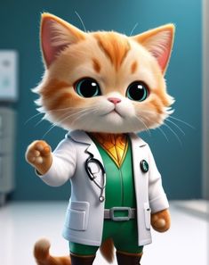 an orange and white cat wearing a lab coat