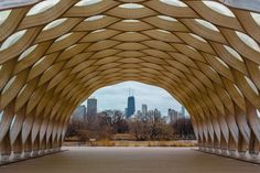 a large wooden structure in the middle of a park with skyscrapers in the background