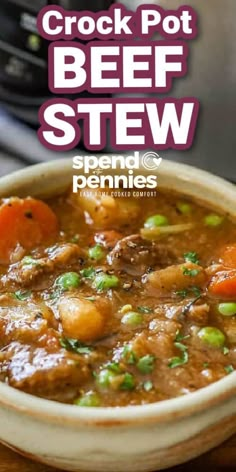 crock pot beef stew in a white bowl with green onions and carrots on the side