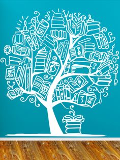 a tree with books on it is shown in front of a book shelf and blue wall