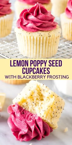 lemon poppy seed cupcakes with blackberry frosting on a cooling rack and in the background